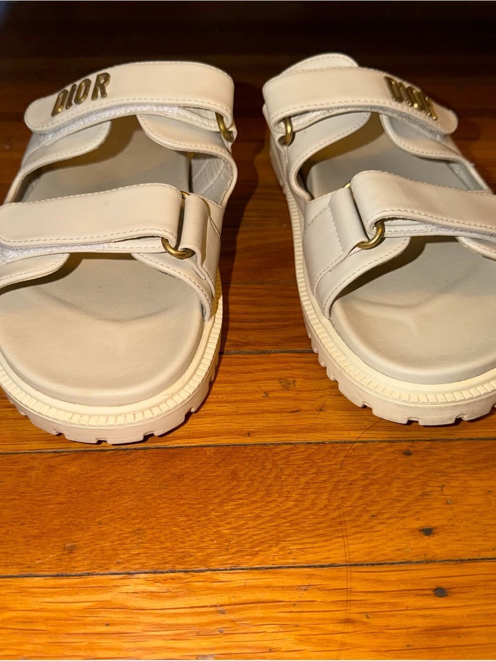 Cream Leather Double-Strap Slides with Gold DIOR Logo, Size 9. (EU 40) - Picture 4 of 8